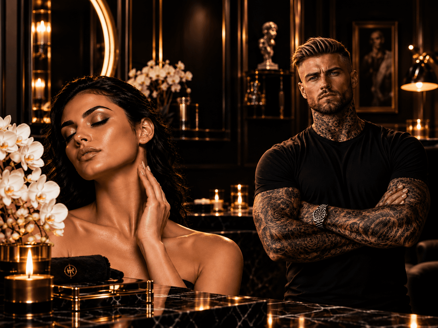 Woman and tattoo artist in a luxury beauty studio