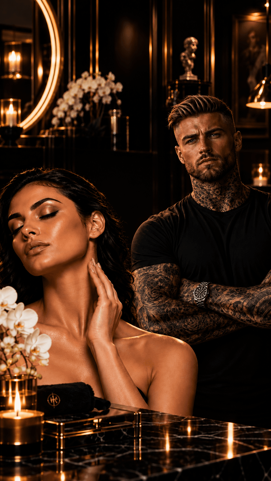 Woman and tattoo artist in a luxury beauty studio